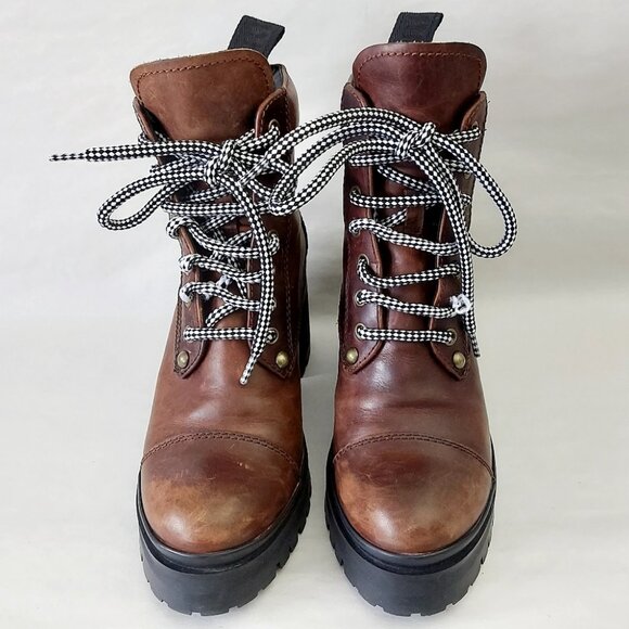 Miu Miu Lace-up Boots EU 37.5 Distressed Leather Block Chunky Heels Alpine Comba - Picture 2 of 15